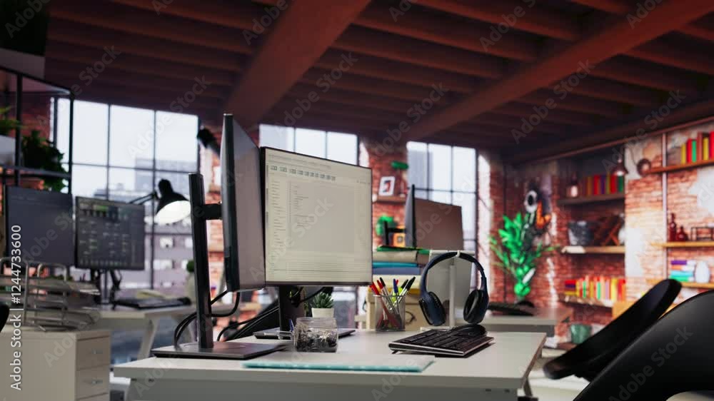 Poster empty ai tech agency workspace providing custom software development services. machine learning tech