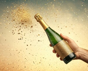 A hand holds a champagne bottle, sparkling with golden confetti in the background, celebrating a joyous occasion.