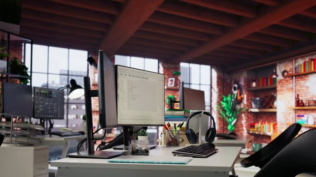 Empty AI tech agency workspace providing custom software development services. Machine learning technology running on PC in startup office to streamline coding process, handheld camera shot