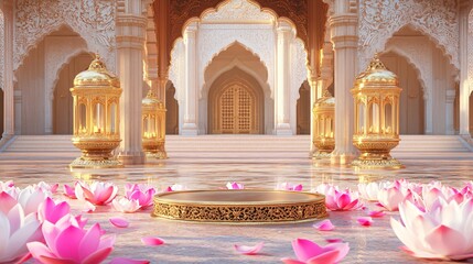  Gold Podium with Lotus Petals and Lanterns in an Indian Palace Royal Archway Courtyard. Copy space. Generative AI