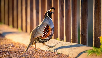 Strolling Quail Against a Desert Backdrop Arizonas Californica in a Fenceline Vista, Caught at Dusk
