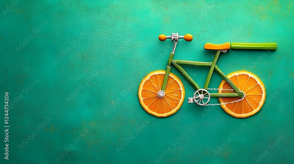 Poster unique and creative image depicting a playful bicycle made entirely from natural ingredients bright 