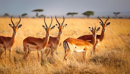 Naklejka premium Serene Gaze of Gazelles in Vibrant Yellow Pastures of Serengeti, Tanzania Wildlife at Twilight