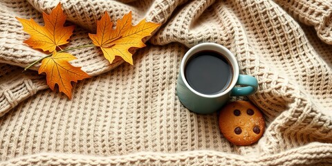 Cozy autumn weekend breakfast in bed scene with cup of coffee and cookie on warm wool sweater, hygge concept image, coffee, design