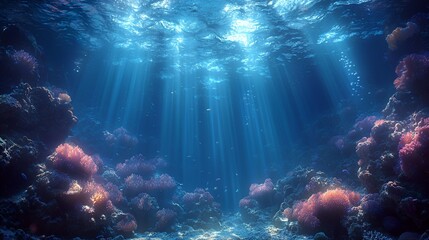 Obraz premium Underwater coral reef, sunbeams, ocean, background, nature scene