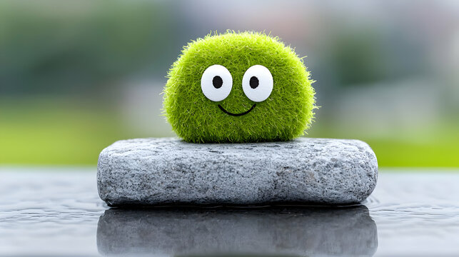 Happy moss ball on stone, zen garden, nature background, eco-friendly concept