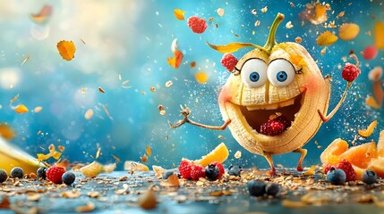 Whimsical and imaginative digital or image manipulation featuring a smiling fruit character made with a banana mouth and berry eyes on a colorful surreal background