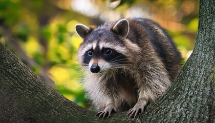Fototapeta premium Adorable Masked Bandit A Playful Raccoon Perched High in the Branches, Silhouetted Against a Wintery Forest Backdrop, Capturing the Mischievous and Wild Spirit of Nature.