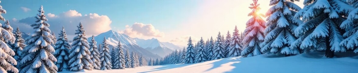 Fototapeta premium Pine trees stretching towards the sky with snow, snowy landscape, winter wonderland