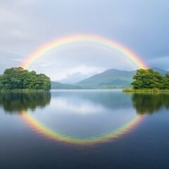 A serene landscape featuring a vibrant rainbow arching over a tranquil lake surrounded by lush green trees and rolling hills.