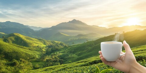 A serene moment of enjoying a warm drink amidst lush green mountains at sunrise, symbolizing peace and tranquility.