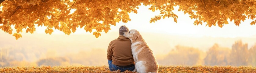 A serene moment shared between a person and their dog under golden autumn leaves.
