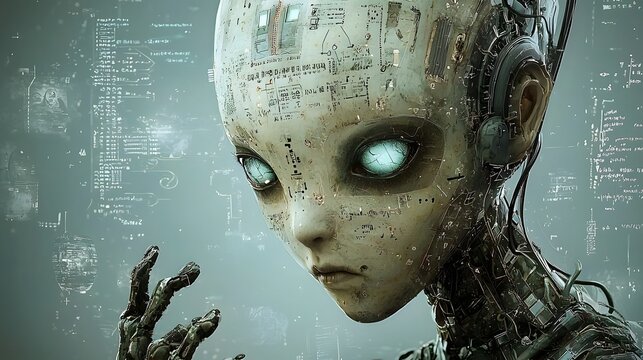 A cyborg like intelligence being uncovering classified digital files about extraterrestrial contact in a futuristic surreal and enigmatic scene  The image evokes a sense of mystery technology