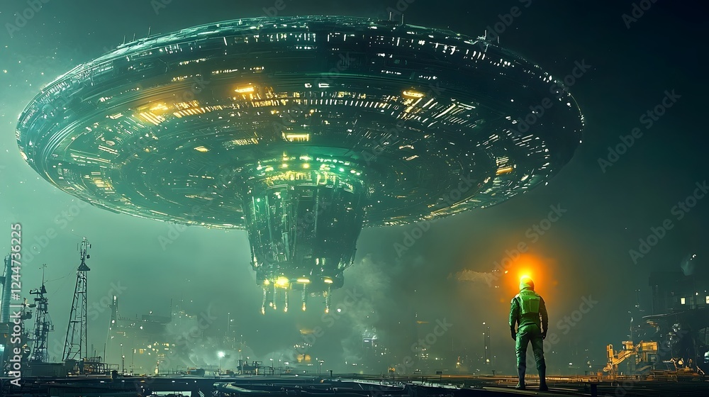 Poster a deep space probe capturing footage of a colossal glowing alien spacecraft in the night sky above a