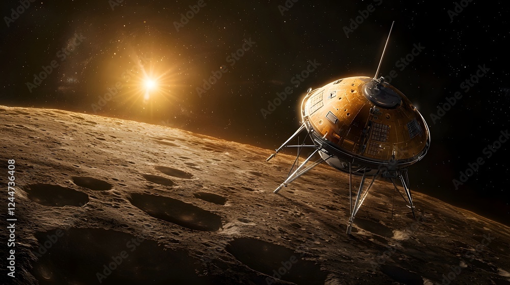 Poster A futuristic spacecraft of unknown origin hovers above a rugged lunar crater its sensors carefully scanning the desolate surface below for signs of activity or resources