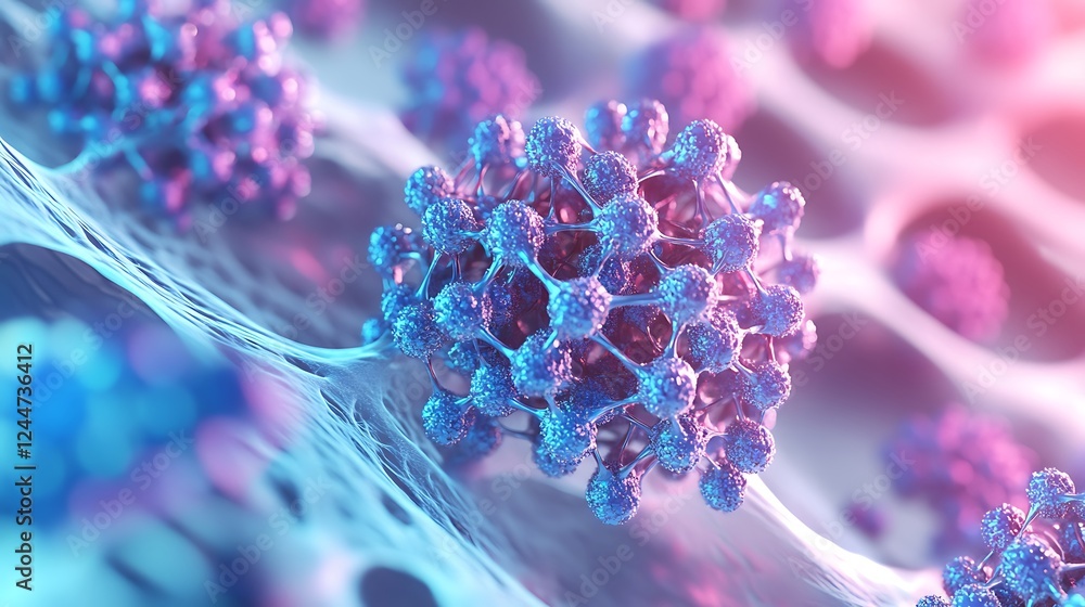 Poster microscopic view of cellular structures: a 3d render of interconnected cells in vibrant hues