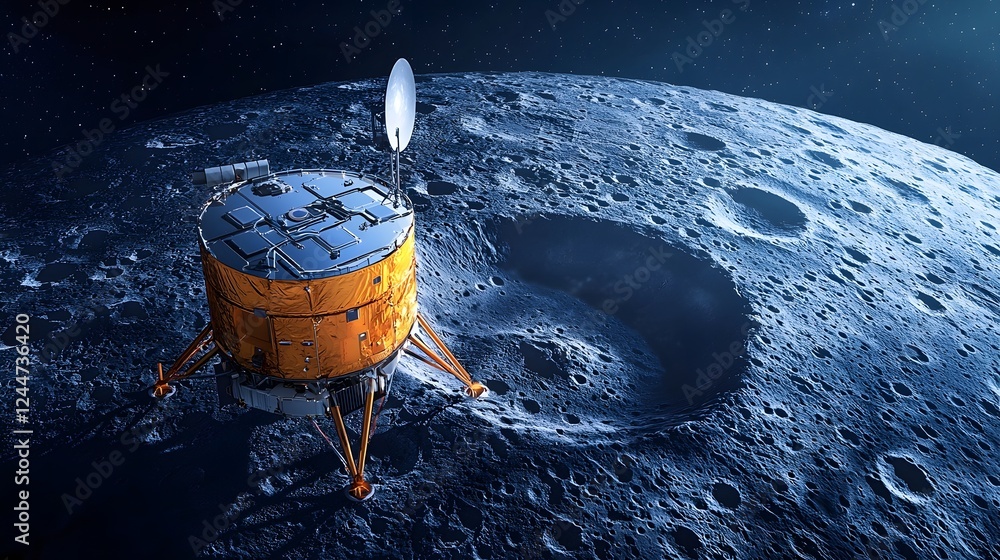 Poster a futuristic spacecraft hovers above a lunar crater utilizing advanced scanning technology to carefu