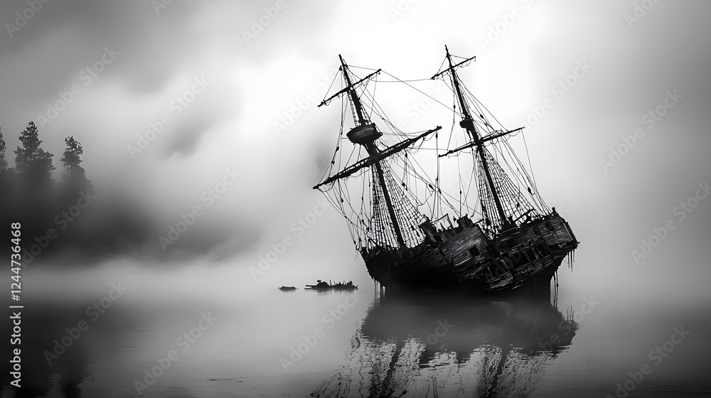 Aufkleber A ghostly and abandoned sailing ship emerges from the misty ethereal waters of the Bermuda Triangle creating a hauntingly beautiful and mysterious scene