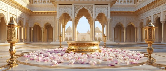  Gold Podium with Lotus Petals and Lanterns in an Indian Palace Royal Archway Courtyard. Copy space. Generative AI