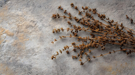 A selection of dried thyme sprigs arranged artistically on a stone surface, with the small, fine leaves showcasing their earthy tones and texture.