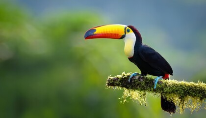 Naklejka premium Vibrant Keelbilled Toucan Perched on a Lush Rainforest Branch, Displaying Stunning Colorful Beak in a Tropical Wildlife Haven