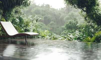 Naklejka premium Rain, jungle, lounge chair, relaxation, tropical, patio, serenity, outdoor, wet, calm