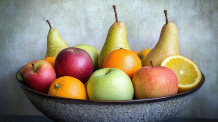 Still Life of Colorful Fruits in a Rustic Bowl