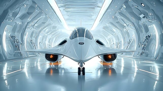 A highly advanced and secretive military hangar designed to house and protect a state of the art hypersonic aircraft  The sleek futuristic silhouette of the aircraft is barely visible