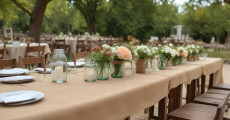 Obraz premium Rustic outdoor wedding table setting with burlap runner and mason jar centerpieces, centerpieces, casual, mason jar