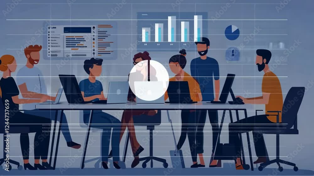 Poster collaborative team analyzing data trends in modern office environment