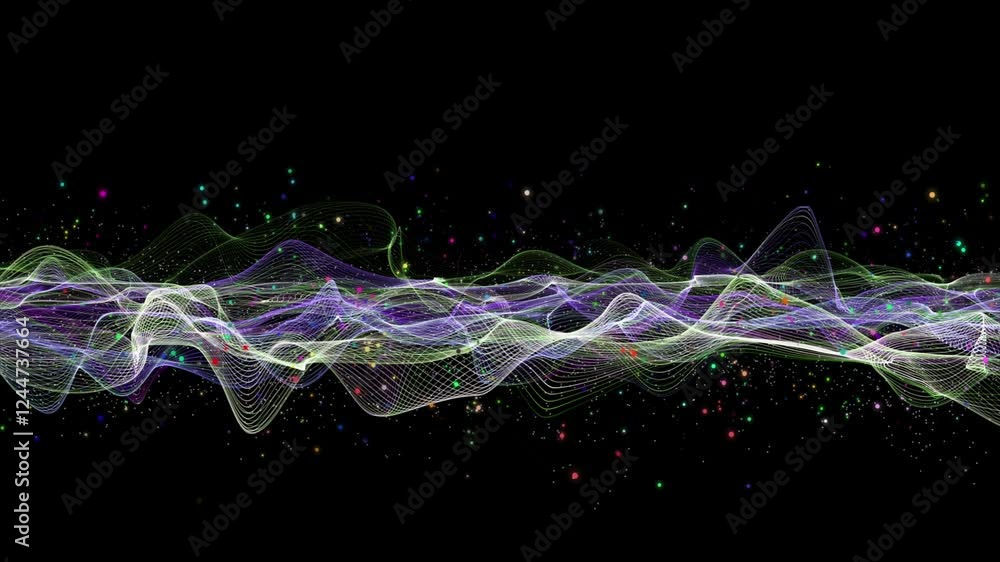 Poster fantastic video animation with color changing particle wave object in slow motion, 4096x2304 loop 4k