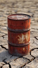 Obraz premium Rusty Barrel in a Dried-Up Landscape: A Testament to Environmental Degradation