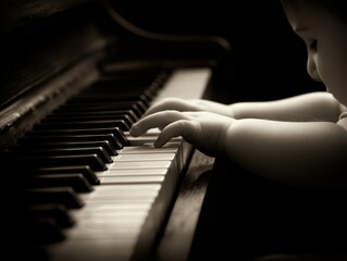 A Little Musician's First Piano Keys: A Sepia-Toned Portrait of Innocence and Musical Potential.