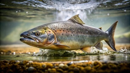 Salmon swimming in a small isolated pool with thick, murky water and visible dripping slime, salmon, isolation, pool, aquatic environment