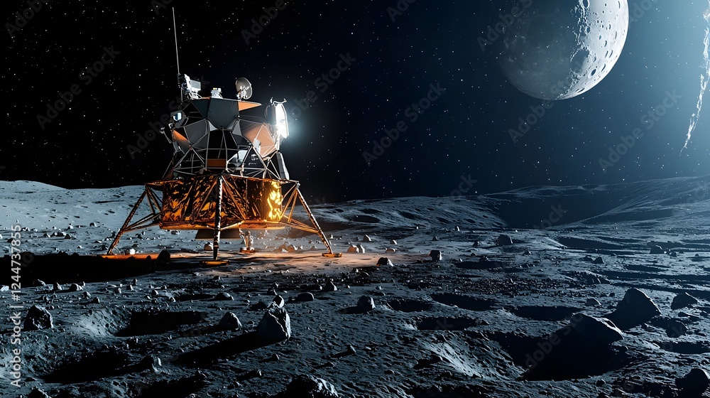 Poster A mysterious and advanced spacecraft hovering above a rugged lunar crater