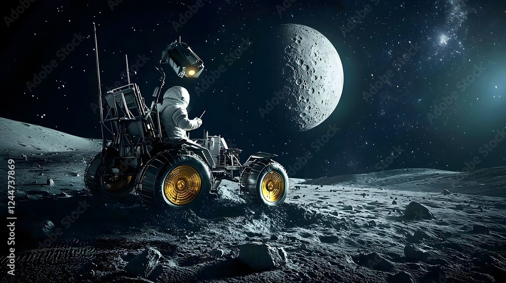 Poster A mysterious and futuristic lunar rover exploring the desolate and otherworldly terrain of the far side of the Moon