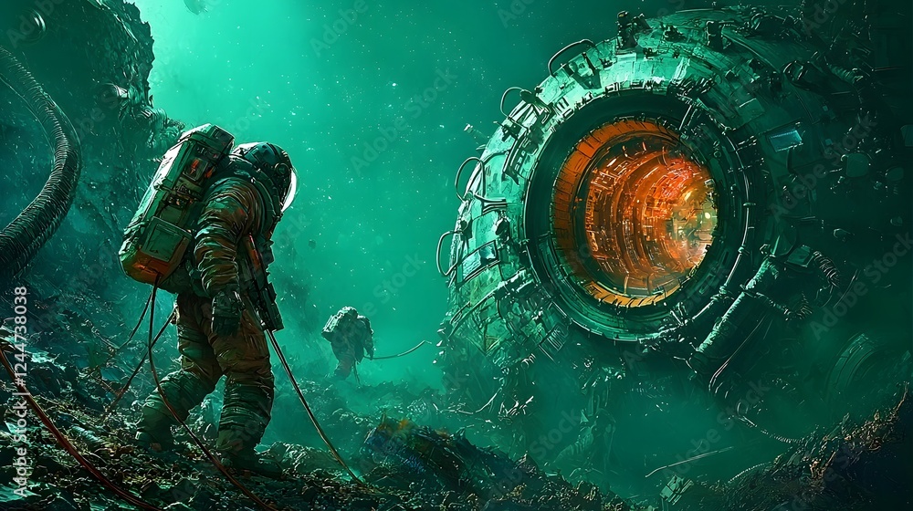 Poster a remarkable image depicting a futuristic holographic projection of an ancient alien race activated 