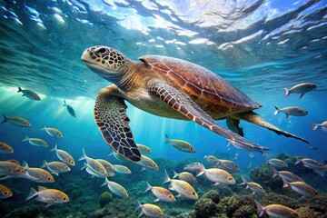 Obraz premium Sea turtle swimming and playing in the ocean with schools of small fish nearby, ocean creatures, underwater world, fish, sea turtle swim, seaweed