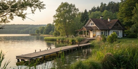 Fototapeta premium Serene lakefront cottage with a wooden dock and lush greenery, trees, cabin, calm
