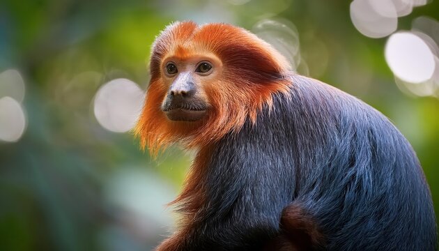 Striking Portrait of a Redheaded Uakari Monkey Cacajao calvus rubicundus, Residing in the Amazon Rainforest at Dawn