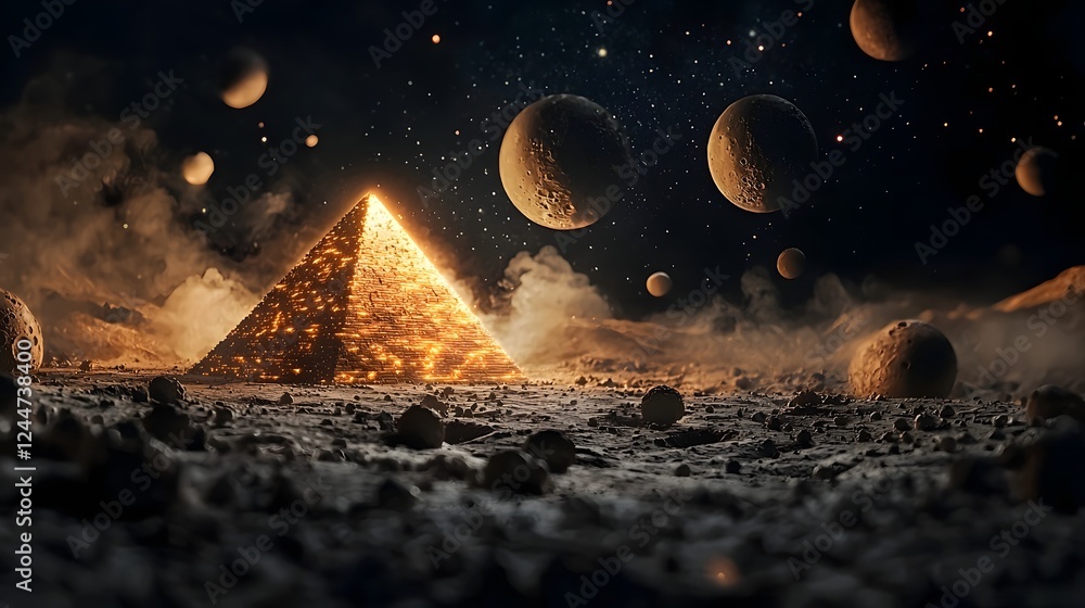 Poster a striking digital depicting a glowing pyramid like structure standing tall on the surface of the mo