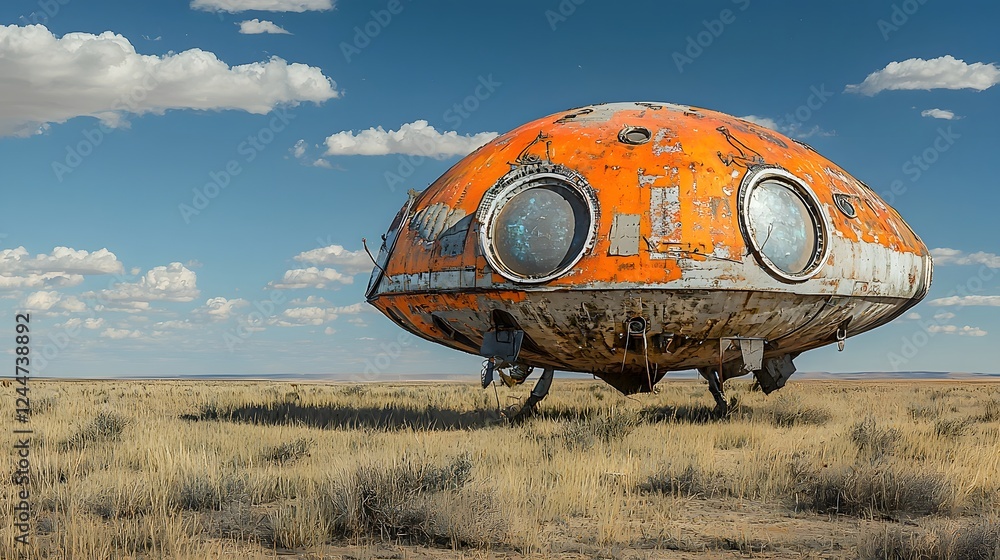 Poster Abandoned futuristic alien habitat filled with mysterious artifacts and technology scattered in a desolate otherworldly desert landscape  Eerie