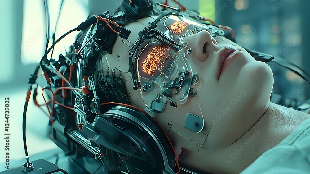 Aufkleber An advanced mind control experiment conducted using cutting edge cybernetic technology and digital interfaces  The image depicts a futuristic concept of human augmentation neural monitoring