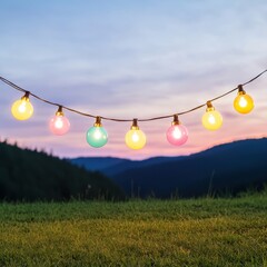 Colorful string lights illuminate a serene outdoor landscape at dusk, creating a magical atmosphere in nature.