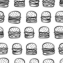 doodle burger pattern background. doodle fast food burger seamless pattern background. seamless pattern of burger in doodle style. Seamless Pattern of a Cheese Burger or Hamburger. hamburger pattern.