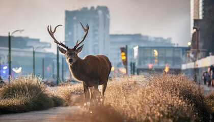 Vibrant Red Deer Caught in Urban Jungle Striking Contrast Amidst Concrete and Greenery on a Winter Afternoon