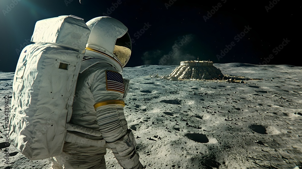Poster Astronaut Discovering Massive Hidden Alien Base on the Dark Side of the Moon   A Futuristic Space and Extraterrestrial Discovery Adventure Concept
