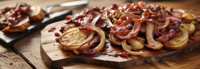 Fototapeta premium Sizzling bacon and caramelized onions on a wooden table, culinary art, morning meal