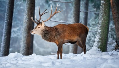 Fototapeta premium Striking Winter Red Deer Amongst Snowy Forest Backdrop Cervus elaphus Stag Basking in the Frosty Light, Capturing the Serene Majesty of Wilderness and Solitude.