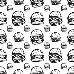 doodle burger pattern background. doodle fast food burger seamless pattern background. seamless pattern of burger in doodle style. Seamless Pattern of a Cheese Burger or Hamburger. hamburger pattern.